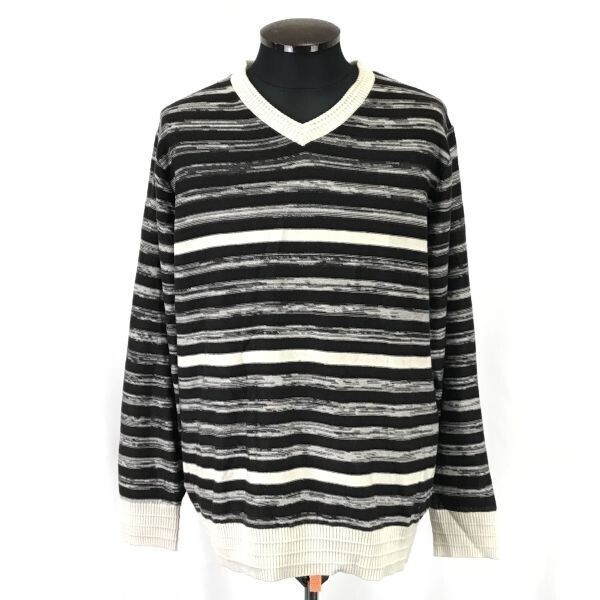 E.WPK★ボーダー柄/Vネックセーター【size-52/メンズL/茶×白/brown×white】Tops/Shirts/Sweater◆BH392