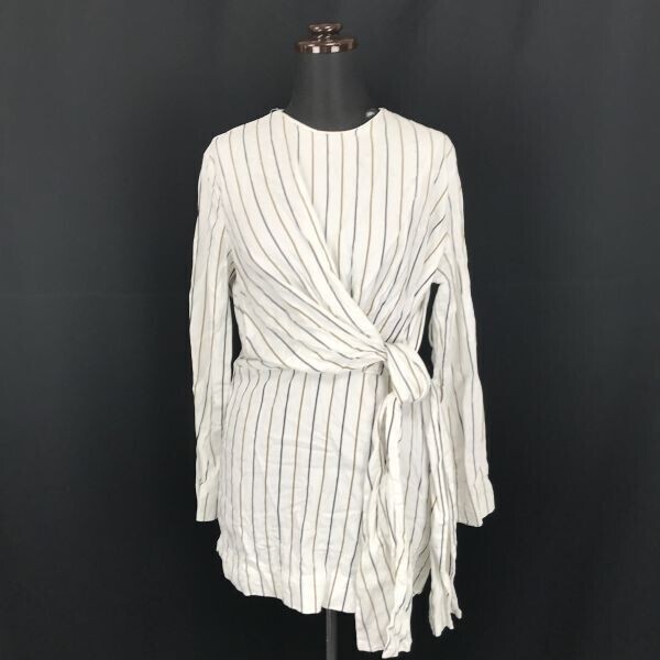 ZARA WOMAN★タスキリボン/チュニック/ワンピース【レディースM/白×紺×茶/ストライプ】長袖/後ろファスナー/ザラウーマン◆BG880