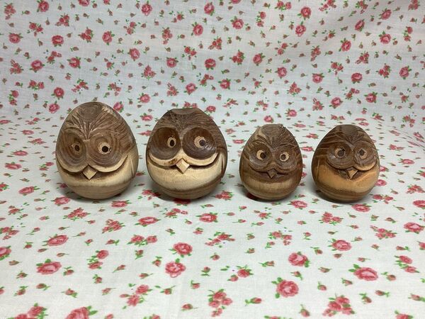 【未使用】ふくろう 木彫り 置物 北海道 槐 木彫りのふくろう 起きあがり小法師 エンジュ 木製 起きあがりこぼし 日本製 4点