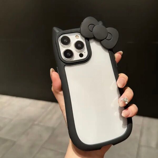 猫耳 リボン iPhoneケース iPhoneカバー スマホケース ブラック 韓国