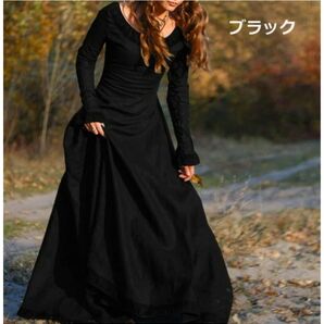 【新品試着のみ】【訳あり】西洋中世風ロングドレス 黒 ステージ衣装 舞台衣裳 コスプレ