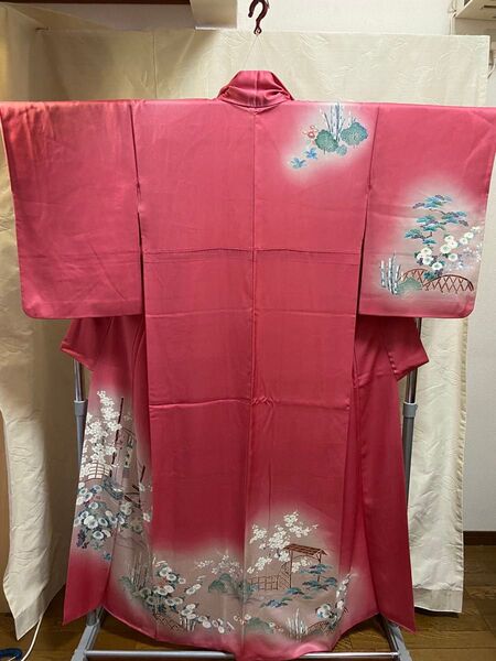 A 付け下げ 正絹 ローズ色 梅 菊 松 庭 和服 和風 和物 和装 高級品 百貨店
