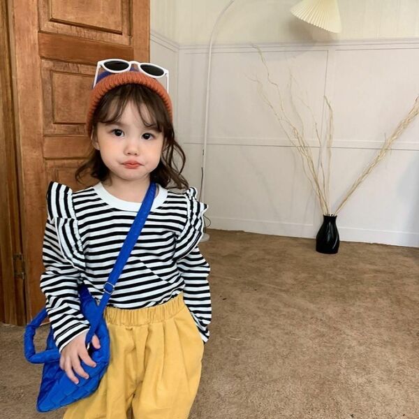 ブラック 女の子 ロンT 100cm ボーダー フリル 長袖 しっかり生地
