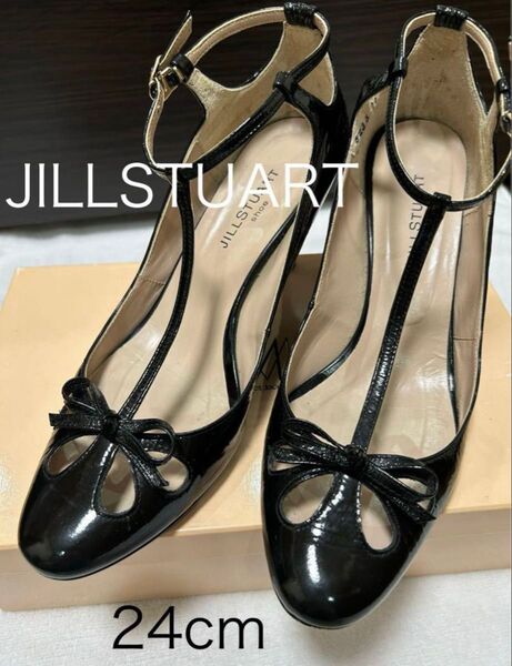 JILLSTUART Tストラップ エナメル パンプス リボン付き 24cm ブラック