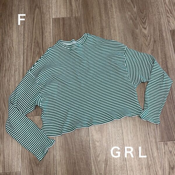 GRL ボーダー ショート丈ニットカットソー 緑×白 F 長袖