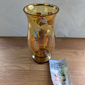 花瓶 BOHEMIAN クリスタルガラス インテリア黄土色アメ色金色柄