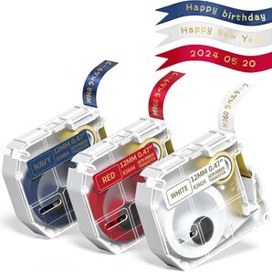 12mm幅の転写テープ、赤・白・紺の3色、金文字付き。