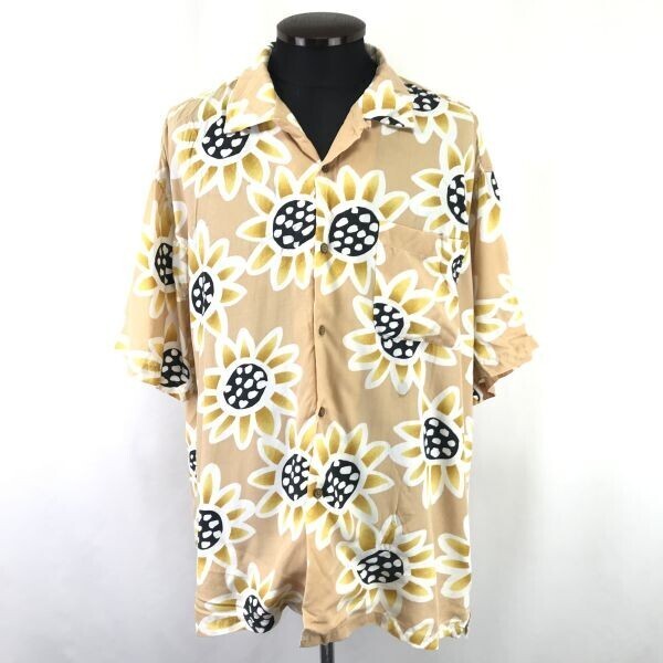 90s/日本製/Vintage★BULLIT SHIRTS★かりゆしウェア/アロハシャツ【メンズFREE/ベージュ系/ひまわり柄】半袖シャツ/Tops/Shirts◆TBH941