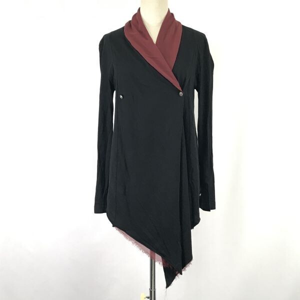 美品/日本製★リョウラウンズ/RYOH ROUNDS★ショールカラーカーディガン【レディースM/ブラック×ワインレッド】Shirts/Cardigan◆BH948