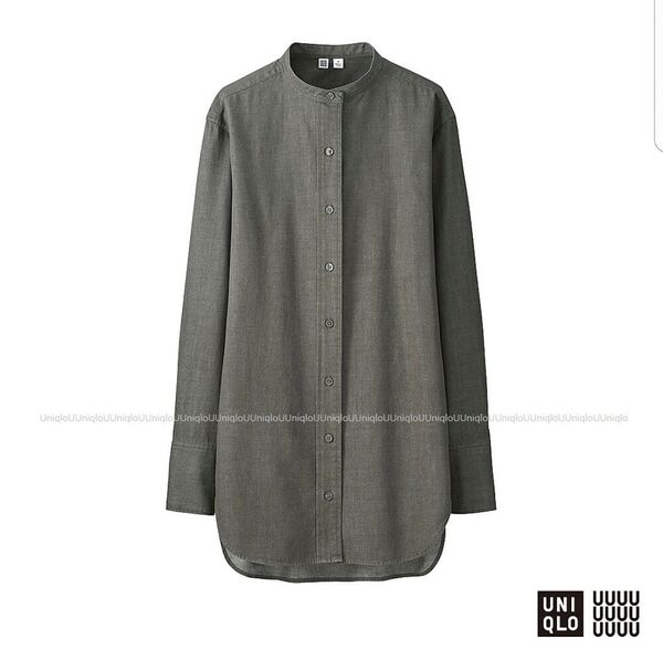未使用品 ユニクロ×ルメール ユニクロユー ユニクロU デニム スタンドカラーシャツ カーキ 長袖 ロング シャツ M 女性用