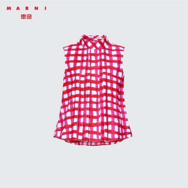未使用 ユニクロ×マルニ コラボ タックブラウス ノースリーブ レッド サイズXL チェック柄 プリント ブラウス MARNI