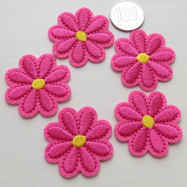 【5枚セット】フラワー デイジー 刺繍 アイロン ワッペン アップリケ ピンク 花 手芸用品 アレンジ patch