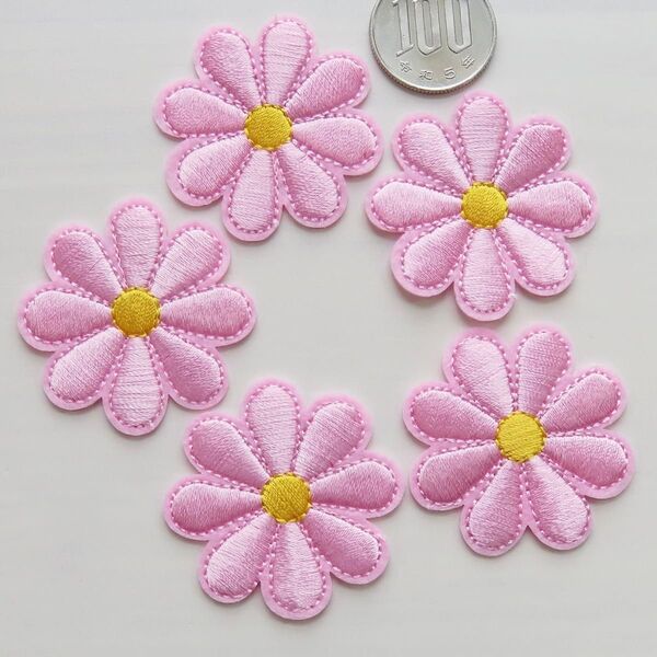 【5枚セット】フラワー デイジー 刺繍 アイロン ワッペン アップリケ ピンク 花 手芸用品 アレンジ patch