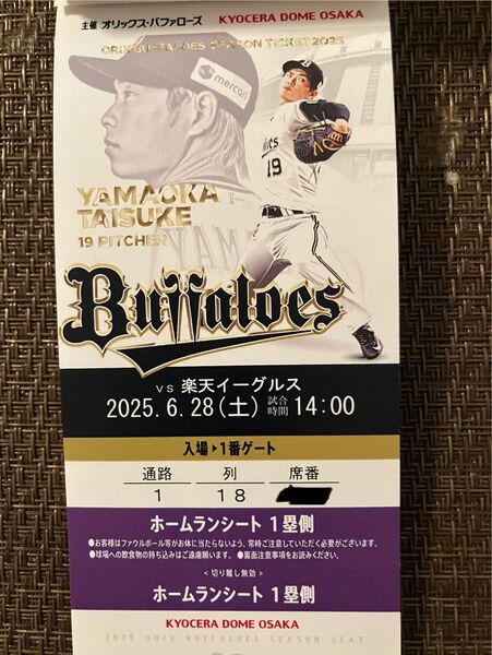 オリックス vs 楽天 6/28 ホームランシート 最前列 下段 1塁側 1枚