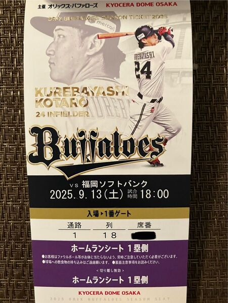 オリックス vs ソフトバンク 9/13 ホームランシート 最前列 下段 1塁側 1枚