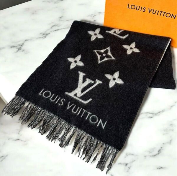 美品◇現行 ルイヴィトン マフラー・レイキャビック モノグラム M71040 VUITTON カシミヤ100