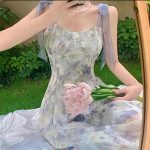 ワンピース セクシー スリット レース 花柄 リボン フリル おしゃれ 可愛い 夏 ノースリーブ S 韓国 人気