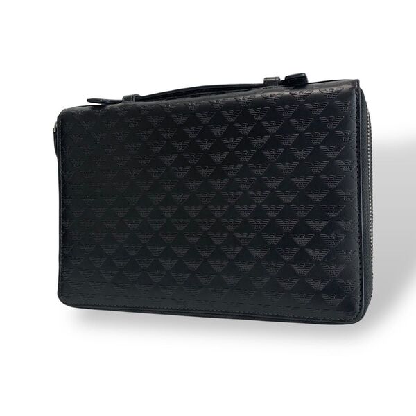 美品 エンポリオアルマーニ ARMANI オーガナイザー 長財布 ラウンドファスナー 総柄 レザー 本革 ブラック 黒 メンズ