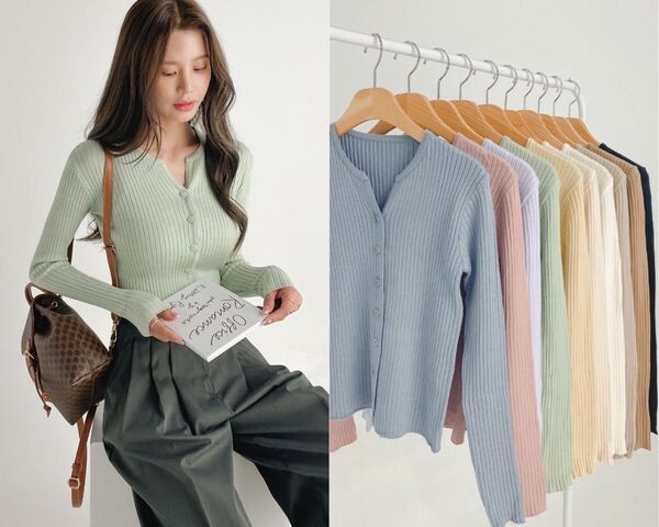 DHOLIC 同型スリットネックニット カーディガン 韓国 5カラー グリーン アイボリー ピンク ホワイト ブラック