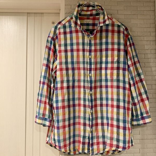 グローバルワーク リネン混 カラフルシャツ XL メンズ レディース ユニセックス ゆったり チェック柄