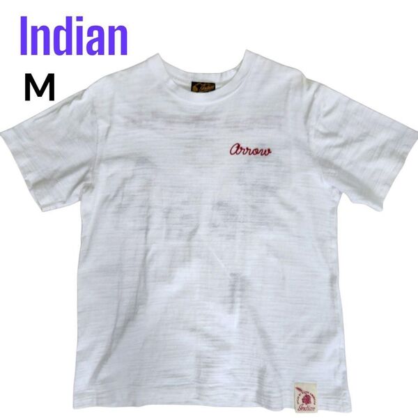 Indianインディアン スタイルネイティブアメリカン 白色 Tシャツ 美品 背側ビーズ刺繍 M メンズ 綿100 ハリ 通気性