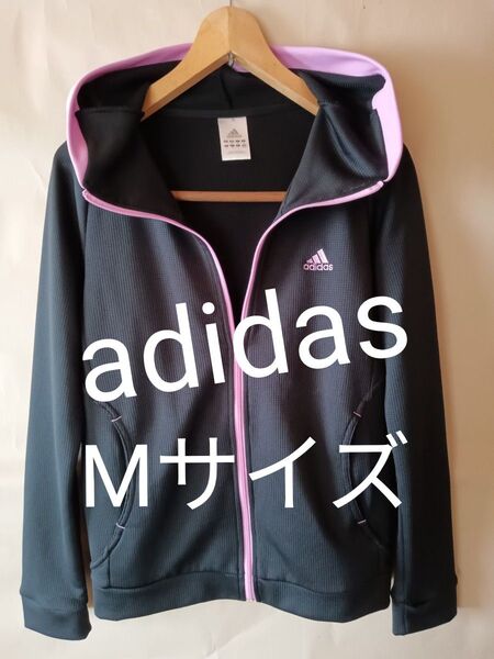 adidas アディダス ジップアップ パーカー ジャージ スウェット レディース Mサイズ 黒 ブラック ピンク