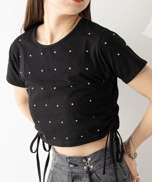 chico チコ ラインストーン付サイドドロストチビt 半袖Tシャツ 半袖 カットソー