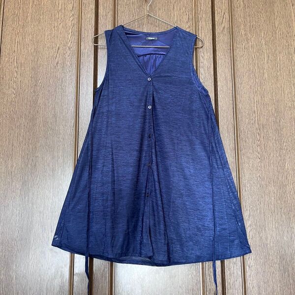Mignon ネイビー ノーカラー ジレ ベスト ウエスト紐付き Vネック ミグノン