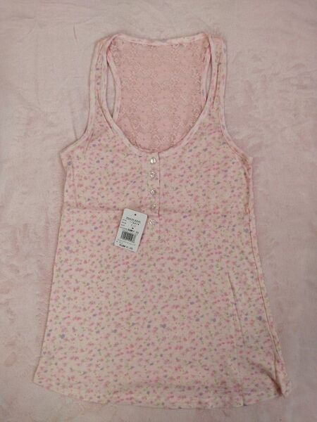 パステルフラワータンクトップ ノースリーブピンクPINK小花柄レース新品PeachJohnピーチジョン 綿100Mサイズ