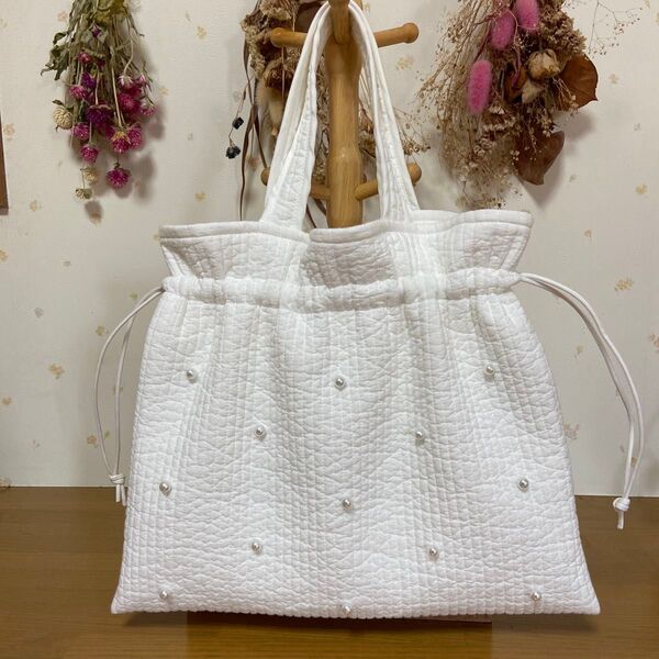 韓国 ハンドメイド イブル ヌビバッグ パール付き巾着レッスンバッグ