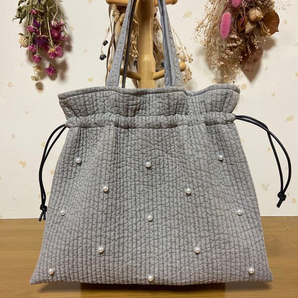 韓国 ハンドメイド イブル ヌビバッグ パール付き巾着レッスンバック