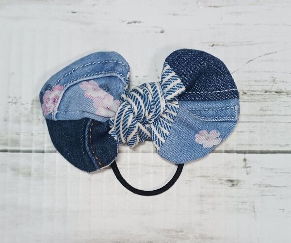 ハンドメイド デニムリメイク 花柄デニム リボンヘアゴム