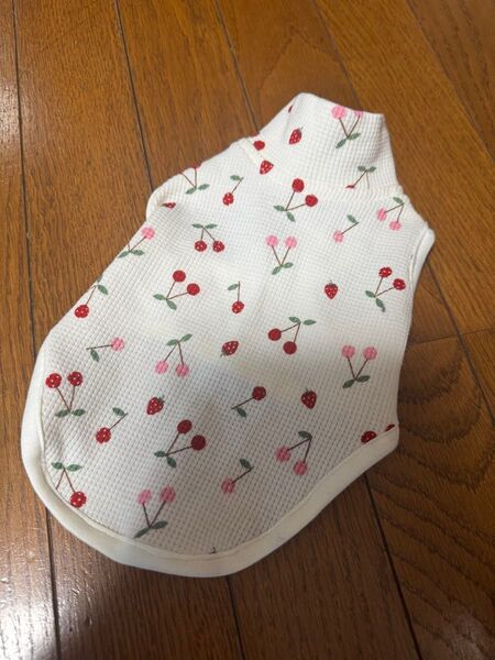 ハンドメイド いちご&さくらんぼ柄 ワッフル地タートルネックシャツ 超小型犬用 パピー用