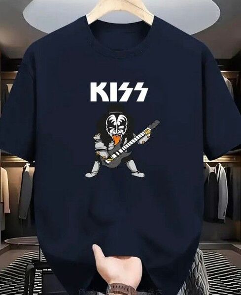 【新品】KISS キッス Tシャツ ジーン・シモンズ 紺 ネイビー ミニキャラ ベーシスト ベース バンドT 大きめ ゆったり