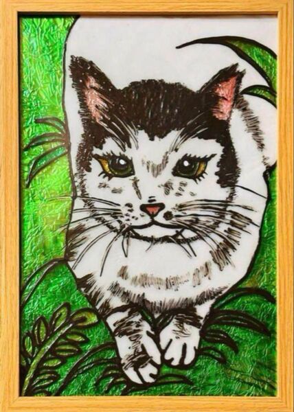 猫ステンドグラスガラス絵の具ハンドメイド開運絵画金運アート犬猫龍神