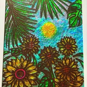 開運絵画ひまわりステンドグラスガラス絵の具ハンドメイドアート沖縄イラスト犬猫龍神