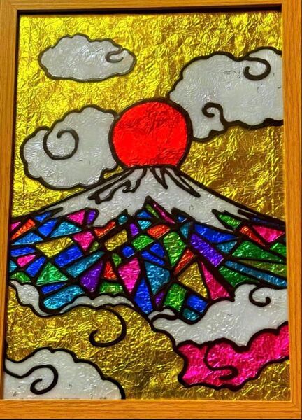 富士山ステンドグラスハンドメイド開運絵画金運アート犬猫イラスト沖縄