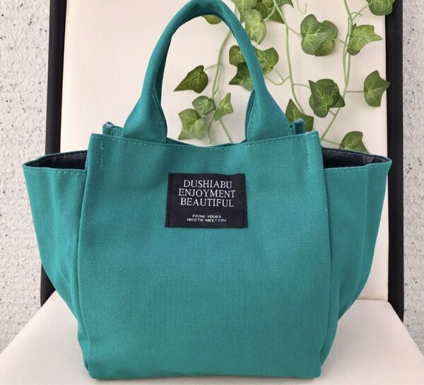 ★ターコイズブルー かわいい 帆布 キャンバス ミニトートバッグ ランチバッグ