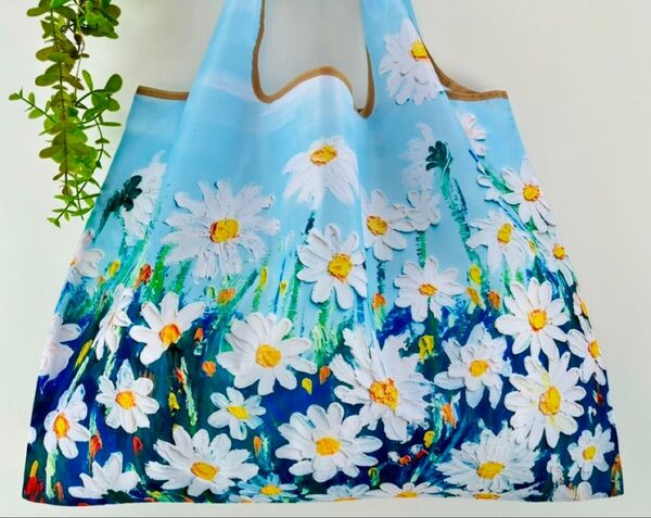 油絵シリーズ 白い花 折りたたみトート、エコバッグ 大容量 コンパクト