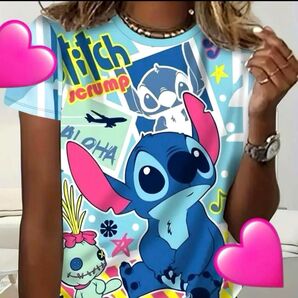 スティッチ 総柄 Tシャツ ディズニー 水色 レディース