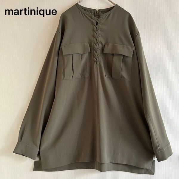 091マルティニーク手洗可◎2万とろみゆったり編み上げブラウスFカーキ 長袖 シャツmartinique
