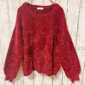 美品 アースミュージック&エコロジー ニット 長袖 セーター フリー 赤 ワインレッド