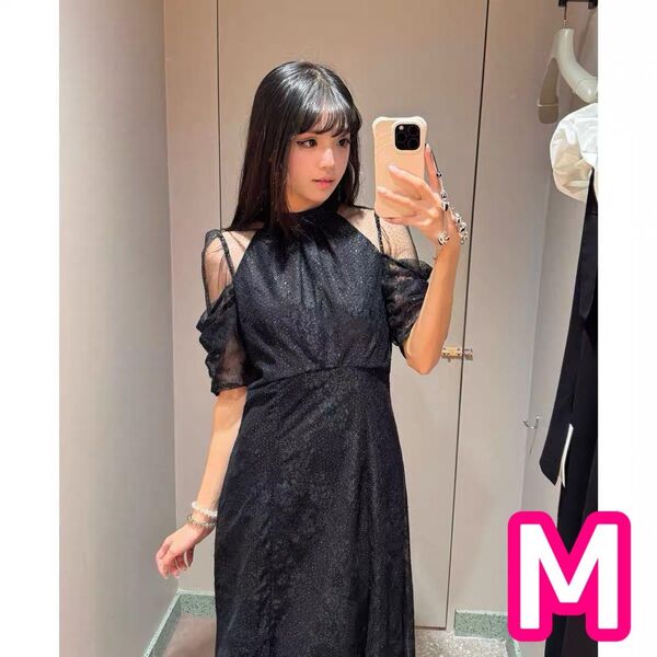 ワンピース M ハイウエスト レース オケージョン ブラック 結婚式 パーティー 清楚 シースルー ラメ入り ロング丈