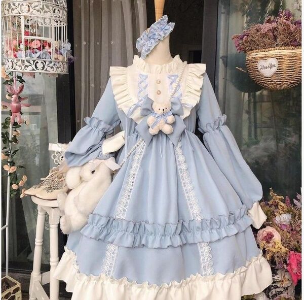 ロリータ ワンピース 水色 パステルカラー M フリル レース メイド 衣装 地雷 推し活 姫ロリ ゆめかわ コンカフェ