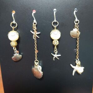 パール 貝殻 ヒトデ 個性的 ピアス 2組セット 樹脂フック ハンドメイド 海 エレガント ハワイ エスニック