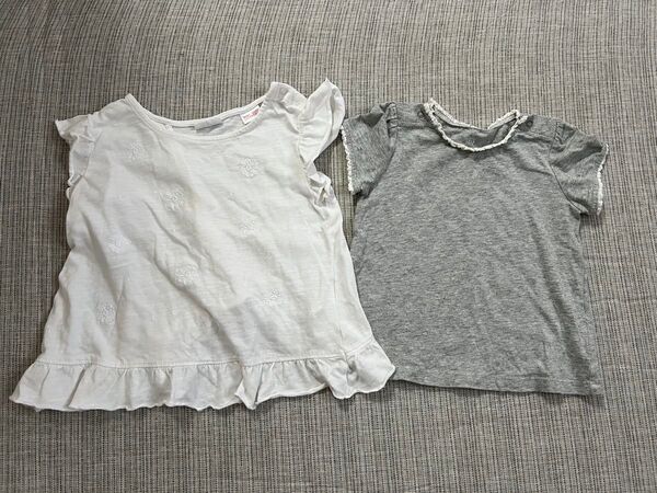まとめ売り2点セット!ザラベビー ベビーギャップ 半袖カットソー ホワイト刺繍花柄 グレーTシャツ 80cm 98cm