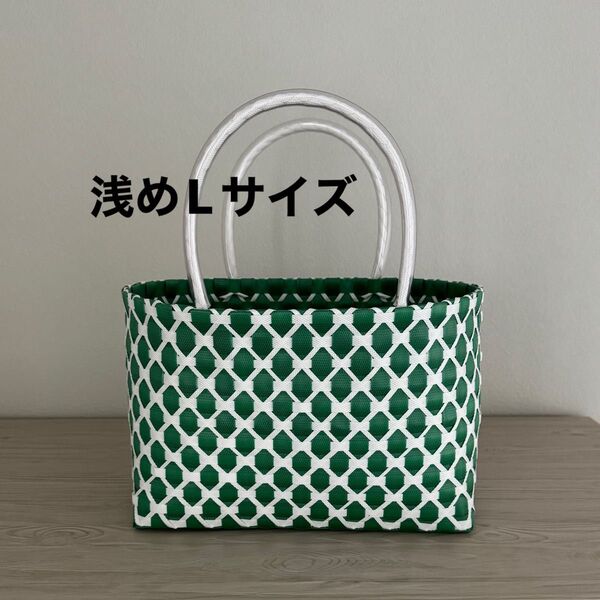 プラカゴ グリーンx白 浅めLサイズ 買い物 スパ ジム 温泉 カゴバッグ PPバンドプラかご ハンドメイド かごバッグ