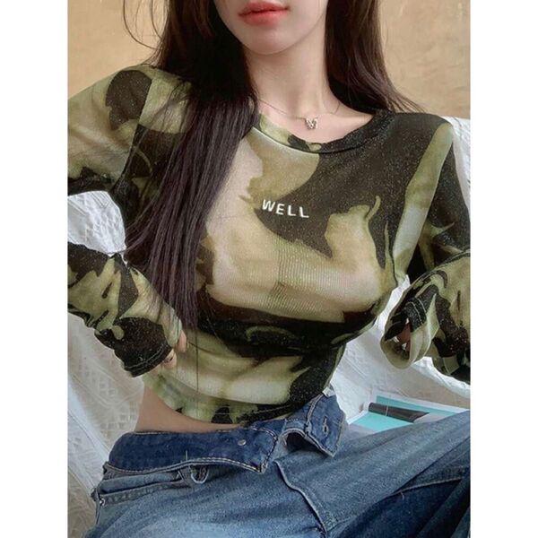 SHEIN クロップ丈 ショート丈 シアー 長袖 Tシャツ ムラ染め レディース