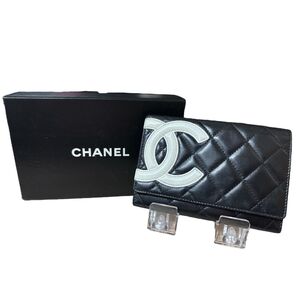 極美品 箱/ギャラ CHANEL カンボン 二つ折り 財布 シャネル レザー ブラック レディース ブランド ココマーク 領収書付