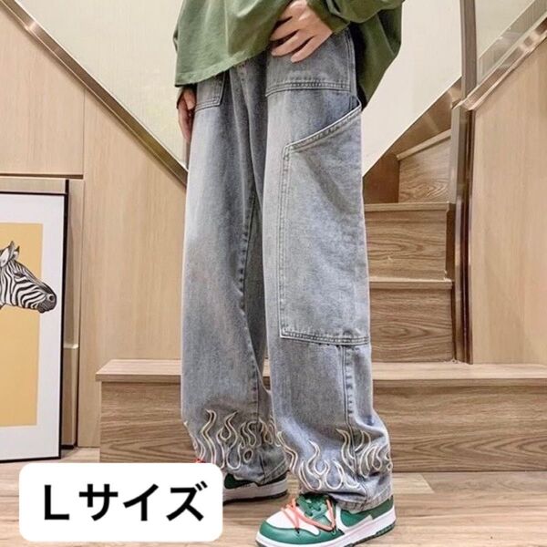メンズ ジーパン ズボン ワイドパンツ デニム ダメージ加工 大きめ ダボダボ Lサイズ 男女兼用 ユニセックス ワイドパンツ